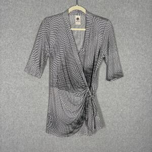 S Twelve Wrap Tunic Top Large Black Waist Tie Slinky Knit Abstract Career Office